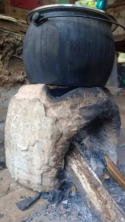 Cauldron on the fire for cooking food in the village of Thailandの写真素材
