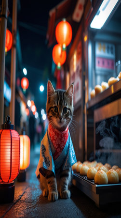 Cute cat with chinese bun in the city at night.の写真素材