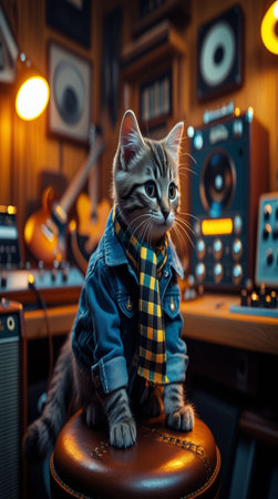 Cute little kitten in a checkered jacket sits on a stool in the recording studio.の写真素材