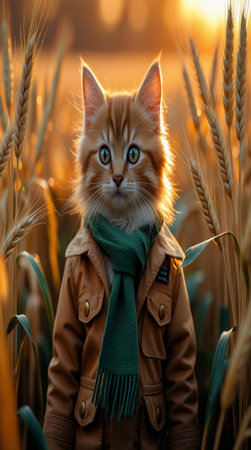 Cute ginger kitten in a brown coat and scarf in a wheat field.の写真素材