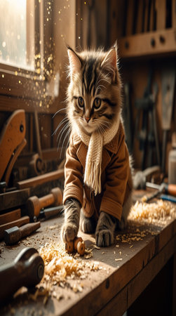 Carpenter working at his workshop. Cute tabby maine coon kitten is sitting on a wooden table with tools.の写真素材