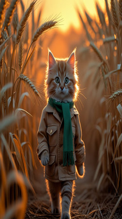 Cute ginger kitten in a beige coat and green scarf walks in the wheat field at sunset.の写真素材