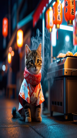 Cute kitten in cheongsam walking in the street at nightの写真素材