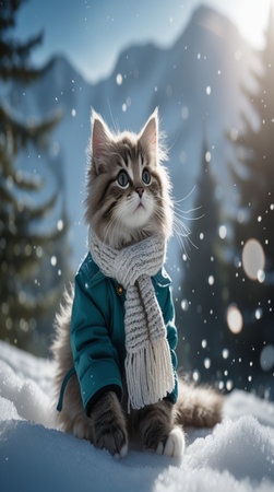 Cute siberian kitten in winter coat and scarf on snow.の写真素材