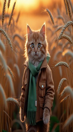 Cute ginger cat in a brown jacket on the background of a wheat field.の写真素材