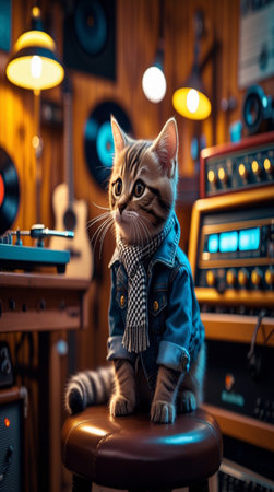 Cute tabby cat in denim jacket and scarf sitting on stool.の写真素材