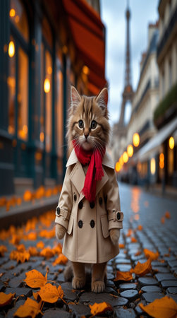 Cute cat wearing a coat and scarf in Paris, France.の写真素材