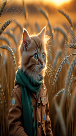 Cute ginger kitten in autumn coat and scarf in wheat field.の写真素材