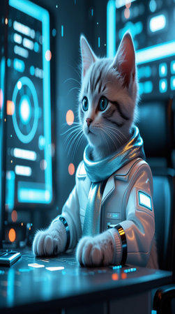 A cute white cat in a space suit is sitting on a computer.の写真素材