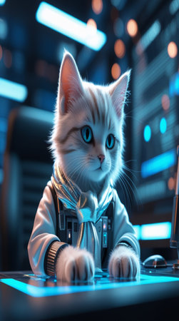 Cute white kitten in a costume of astronaut. 3d renderingの写真素材