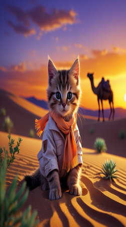 Cute tabby kitten in the desert at sunset. Travel concept.の写真素材