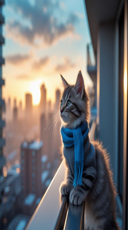 Cute tabby kitten with blue scarf on the balcony in the eveningの写真素材