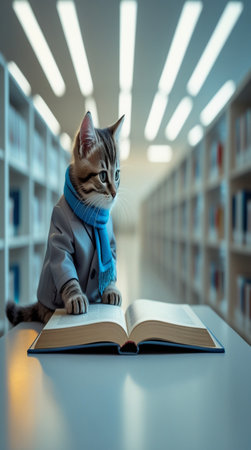 Cute cat with book in library. Education and learning concept.の写真素材