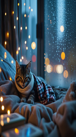 Cute tabby cat in knitted scarf sitting on the windowsill at night.の写真素材