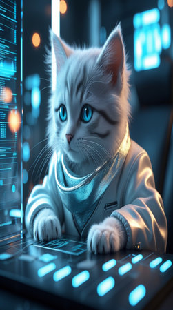 Funny white cat with blue eyes working on a computer. 3d renderingの写真素材