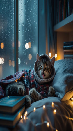 Cute tabby cat in a warm plaid is sleeping on the windowsill.の写真素材
