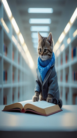Cute tabby kitten wearing blue scarf and reading book in libraryの写真素材