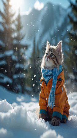 Cute tabby kitten in orange jacket and scarf sitting on snow in winter forest.の写真素材