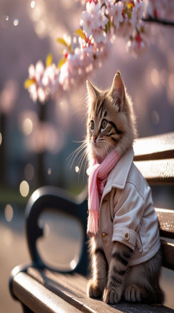 Cute tabby kitten sitting on a bench in the park.の写真素材