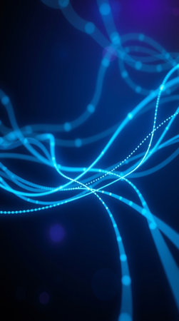 abstract blue background with glowing particles, lines and bokehの写真素材