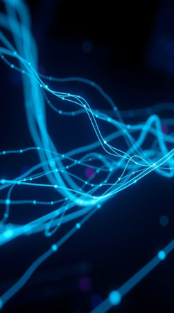 3D illustration of a network of glowing particles with depth of field and bokeh effect. Abstract background for science, technology, chemistry, biology and medicine.の写真素材