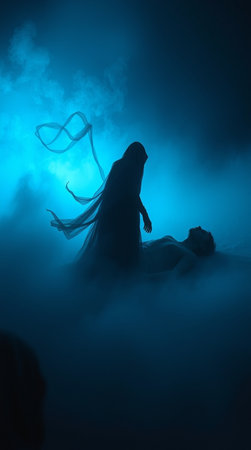 Horror scene. Silhouette of a woman in the fog. Halloween concept.の写真素材