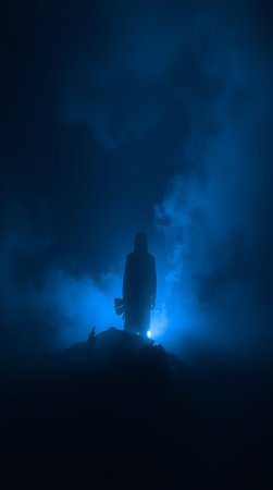 Silhouette of a person sitting on top of a mountain at night with fog and backlightの写真素材