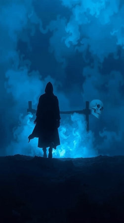 Silhouette of a witch with a skull on a dark blue backgroundの写真素材