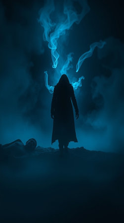 Silhouette of a witch in a dark forest with fog and smoke. Halloween concept.