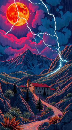 Night landscape with a house in the mountains and a thunderstorm.
