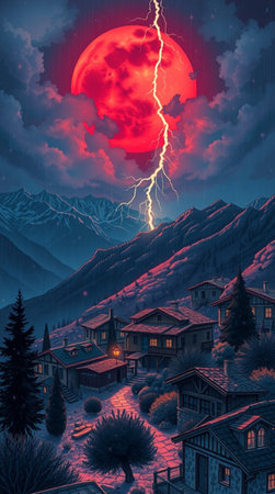 Fantasy landscape with mountain village and red full moon.