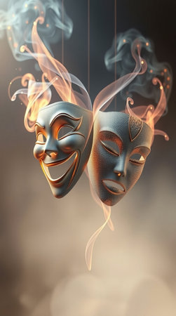 Theatre performance concept with the theatre masks. 3D illustration.の写真素材