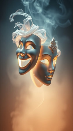 Masks with the theatre concept. 3D illustration. Vintage style.の写真素材