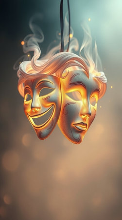 Theatre performance concept with theatrical masks and smoke. 3D illustration.の写真素材
