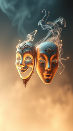 Masks with the theatre concept. 3D illustration. Vintage style.の写真素材
