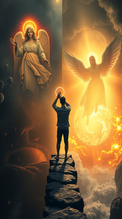 Jesus Christ with the Holy Spirit in the hands of an angel in the skyの写真素材