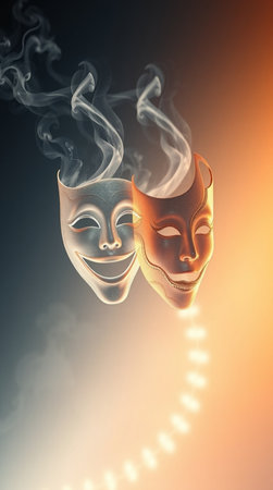 Comedy and tragedy theatrical masks with smoke. 3D illustration.の写真素材