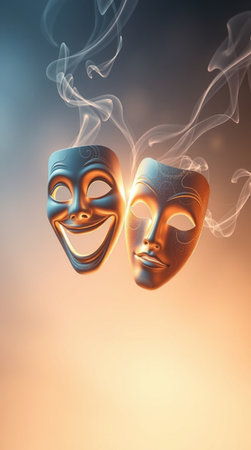 Theatre performance concept with the theatre masks. 3D illustration.