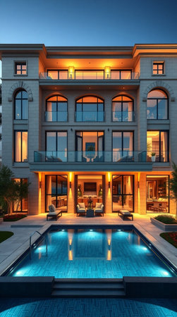 3d rendering of modern cozy house with pool and parking for sale or rent. Clear summer night with many stars on the sky.の写真素材