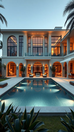 Luxury villa with swimming pool at night. Nobody inside