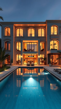 Swimming pool in luxury hotel, 3d rendering. Computer digital drawing.の写真素材