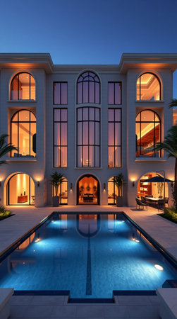Swimming pool in luxury hotel at night. 3D rendering.の写真素材