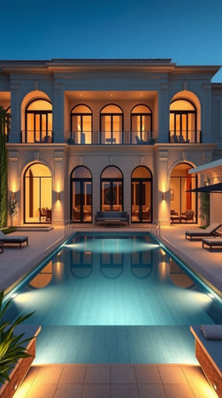 Swimming pool in a luxury hotel at night. 3D renderingの写真素材