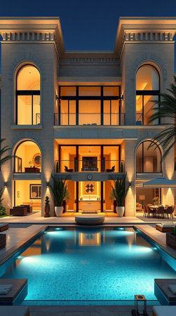 3d rendering of modern cozy house with pool and parking for sale or rent