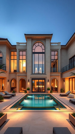 Swimming pool in luxury villa at night.