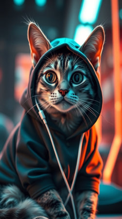 Funny cat in a hoodie listens to music with headphones.の写真素材