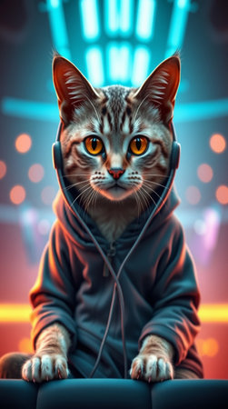 Cute cat with headphones listening to music, 3d illustration.