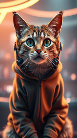 Funny cat with headphones in a hoodie. 3d rendering