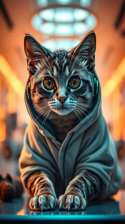 Portrait of a cat in a dressing gown. 3d renderingの写真素材