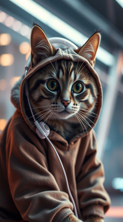 Cute cat in a hoodie listening to music with headphones.の写真素材